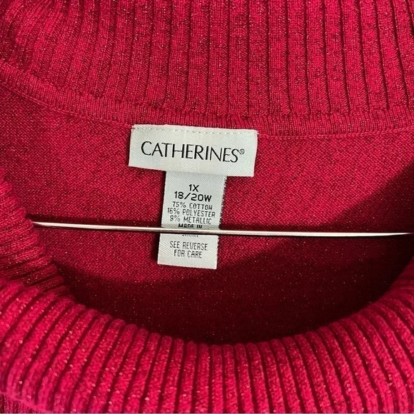 Catherines Red Metallic Sparkle Knit Tank 1X Draped Rolled Turtleneck Sweater - Picture 5 of 5